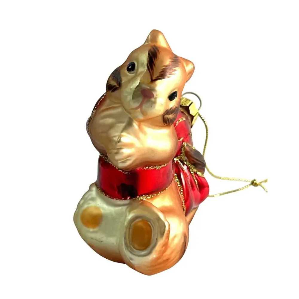 Glass Squirrel Christmas Ornament Red Bow Gold Glitter Woodland 3.5”
